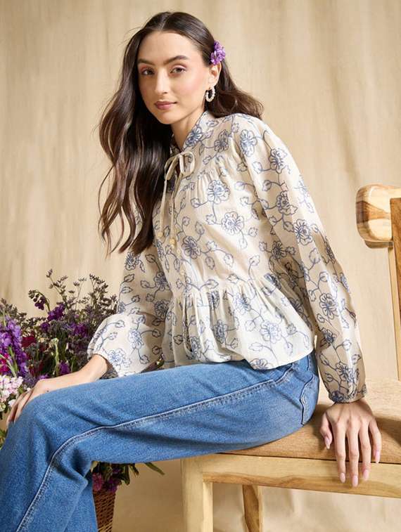 women printed bishop sleeve peplum top