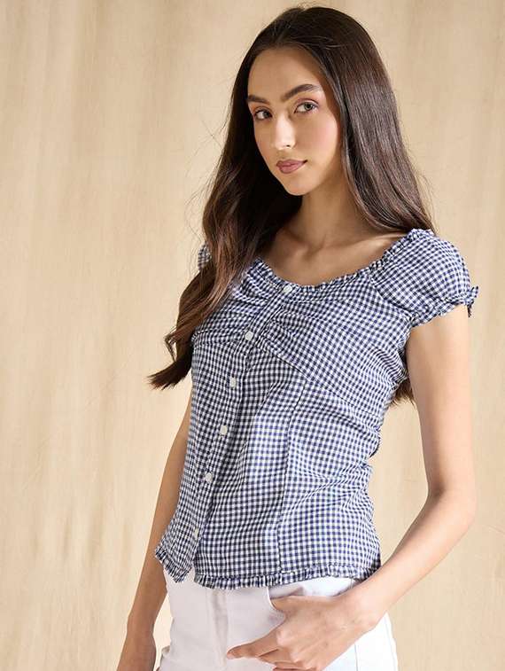 women checkered cap sleeve straight top