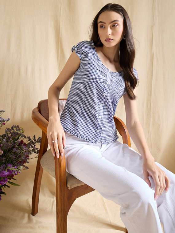 women checkered cap sleeve straight top - 22381682 -  Standard Image - 3