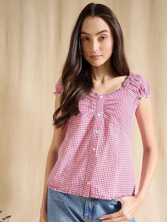 women checkered cap sleeve straight top