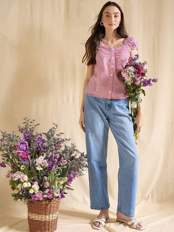 women checkered cap sleeve straight top - 22381683 -  Standard Image - 5