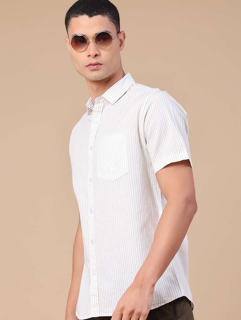 men striped short sleeve slim fit casual shirt