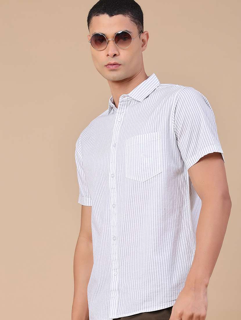 men striped short sleeve slim fit casual shirt