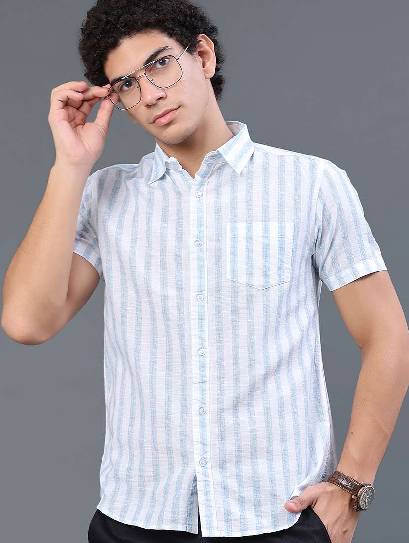 men striped short sleeve slim fit casual shirt