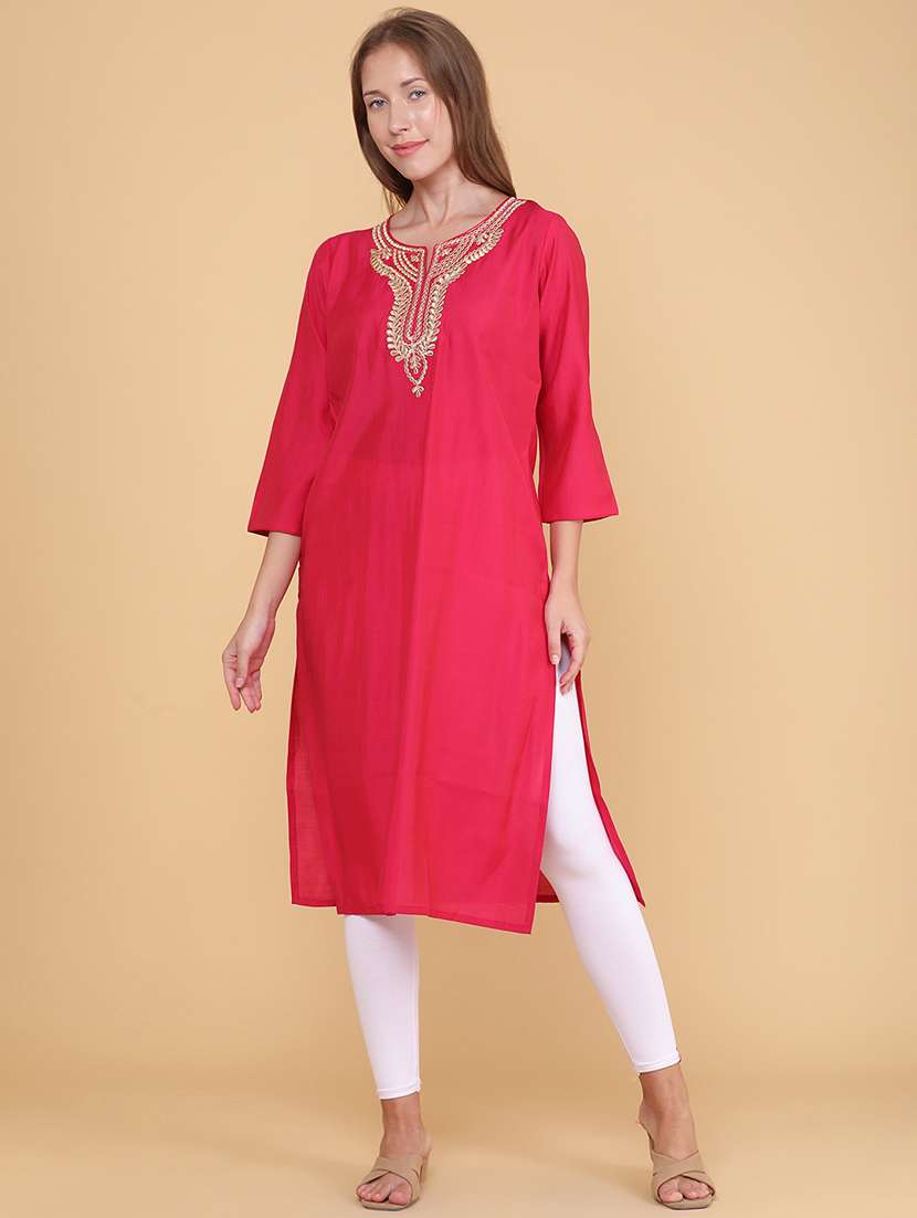Women Embroidered Three Quarter Sleeves Straight Kurta - 22381844 -  Standard Image - 3
