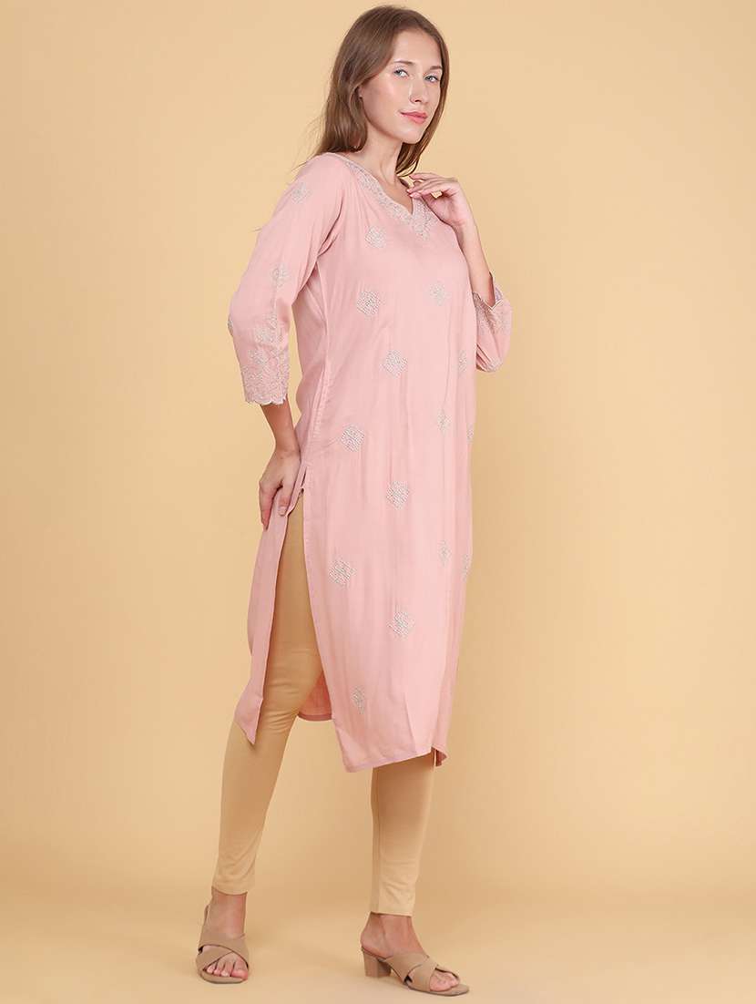 women embroidered three quarter sleeves straight kurta - 22381845 -  Standard Image - 3