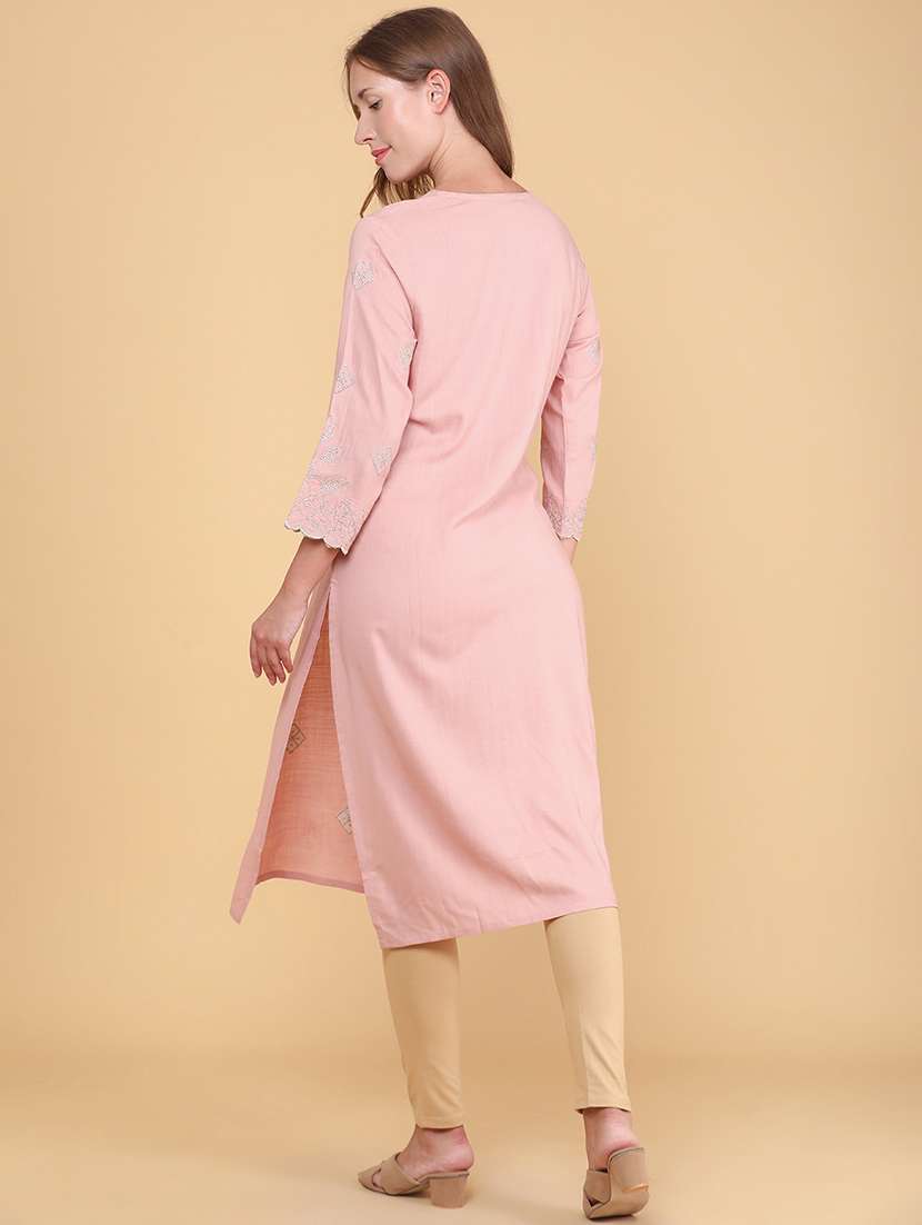 women embroidered three quarter sleeves straight kurta - 22381845 -  Standard Image - 5