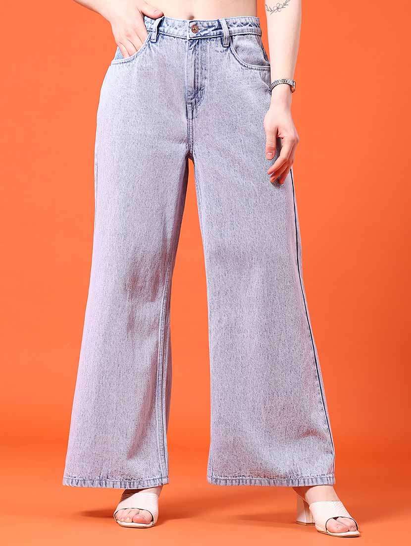 women plain mid rise wide leg jeans