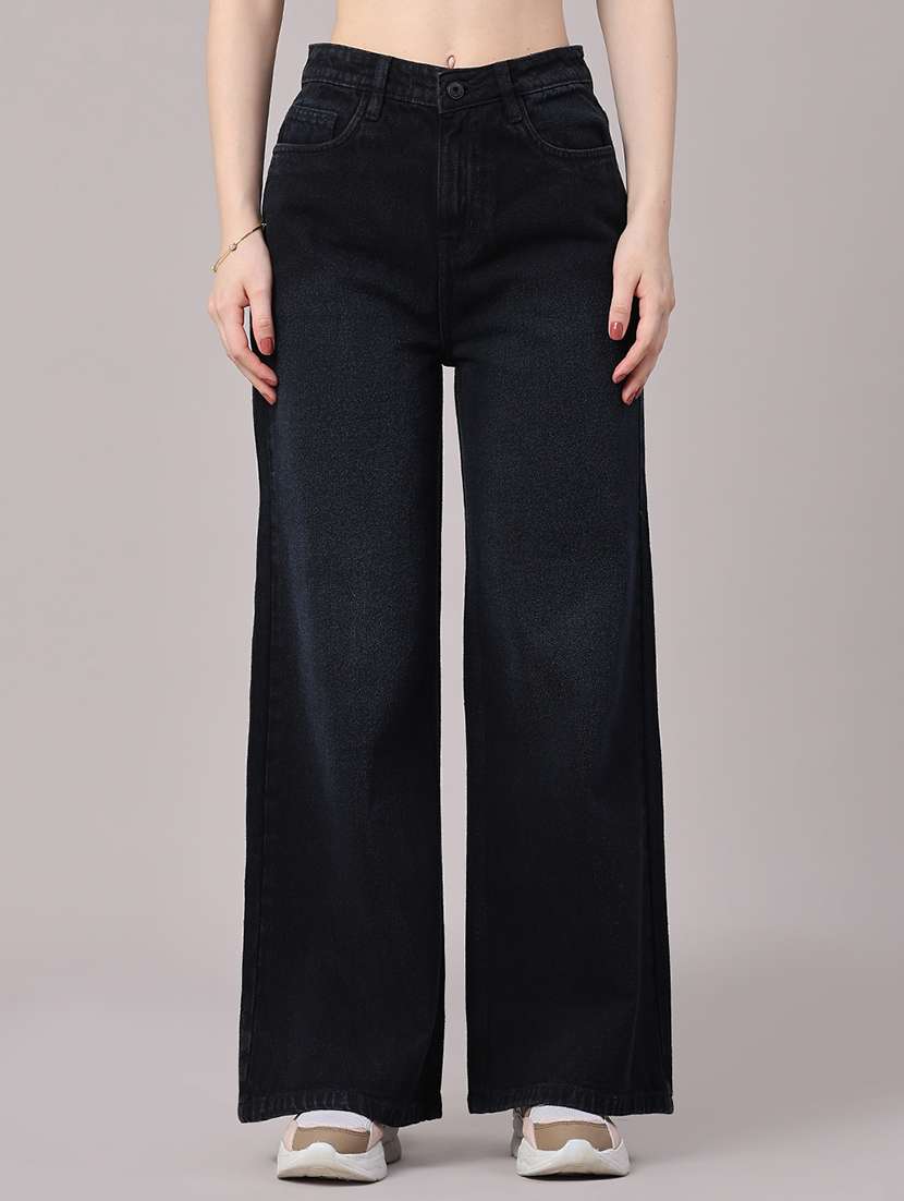 women solid high rise wide leg jeans