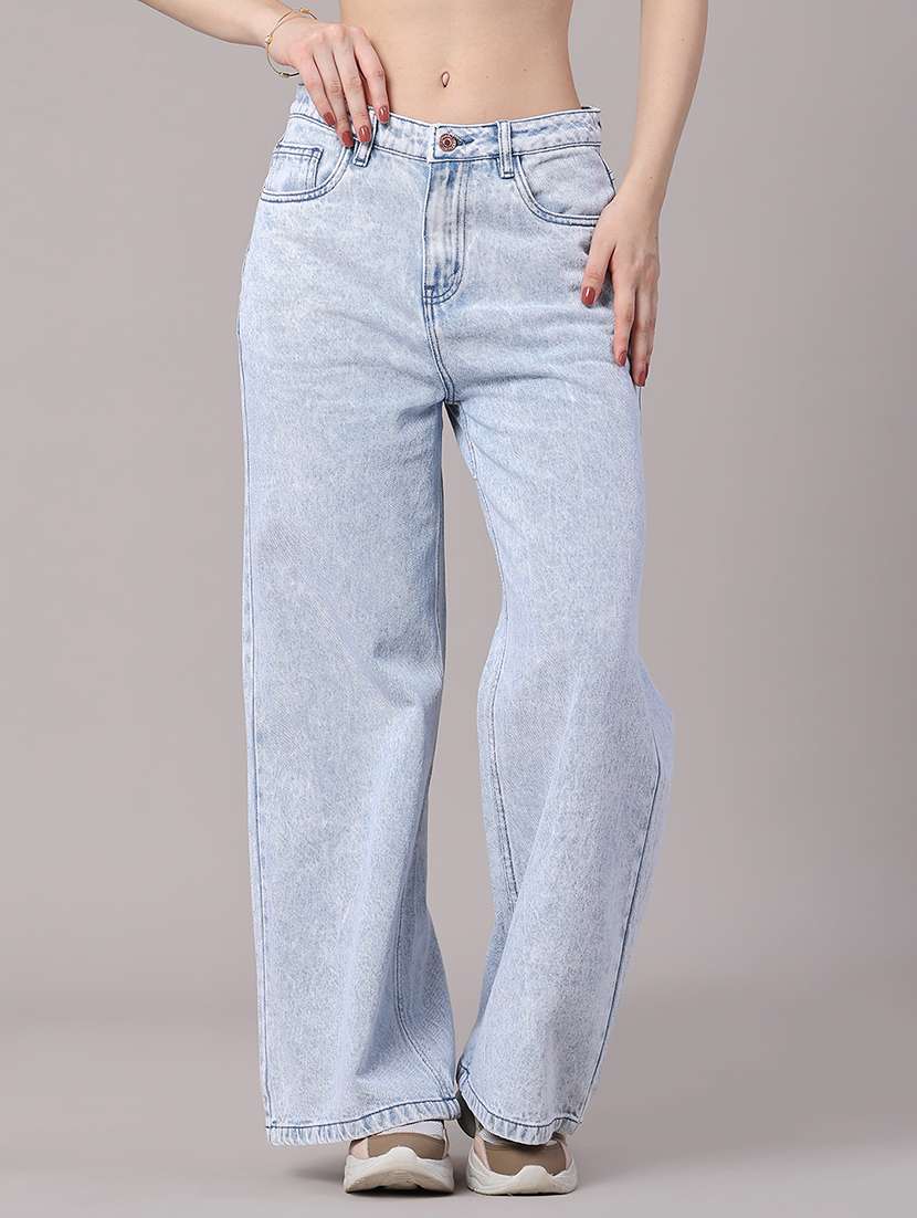 women washed mid rise wide leg jeans