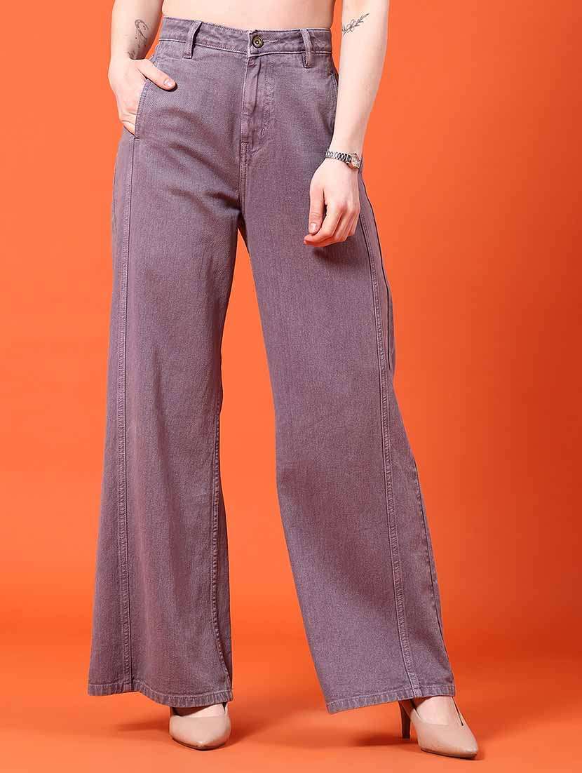 women plain mid rise wide leg jeans