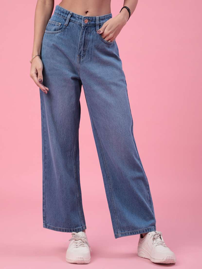 women solid high rise wide leg jeans