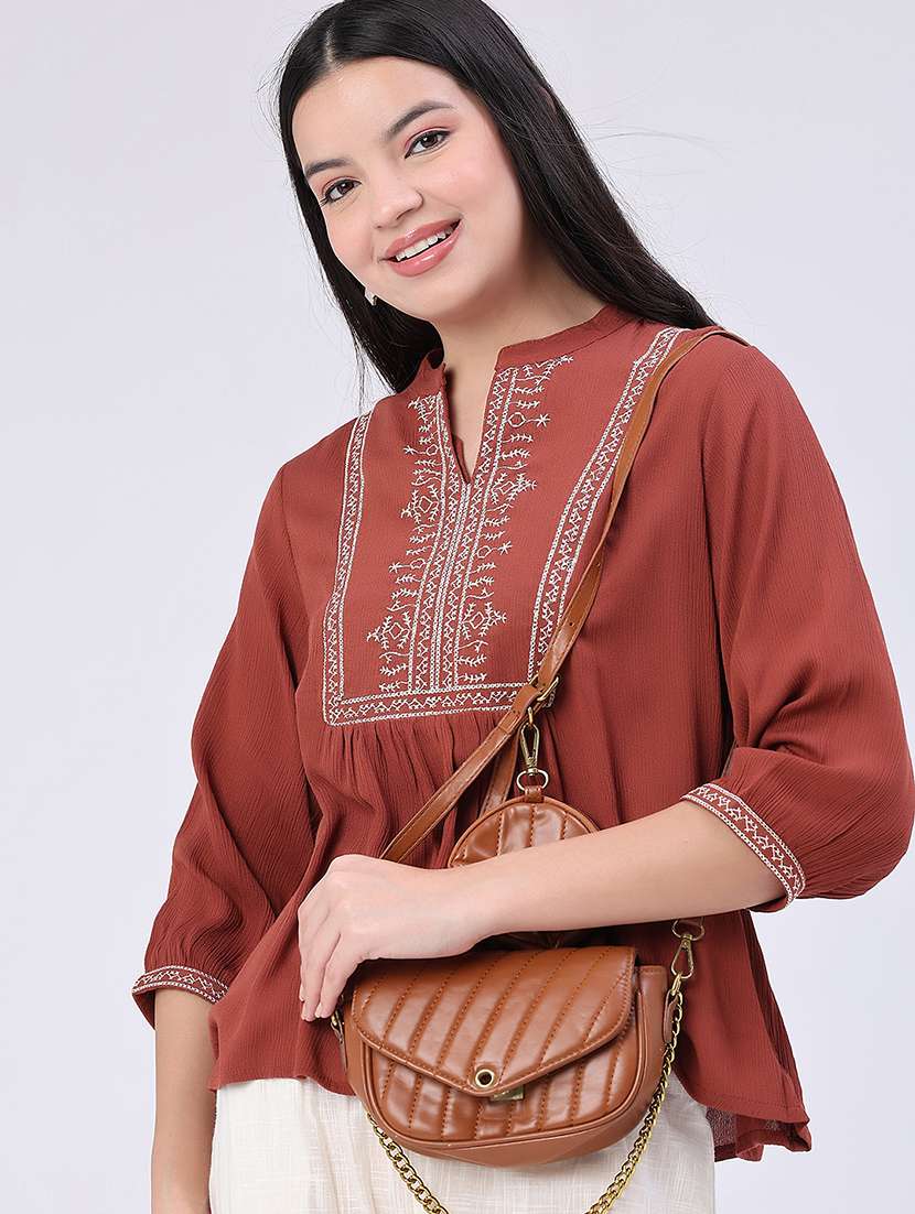 women embroidered three quarter sleeves regular top