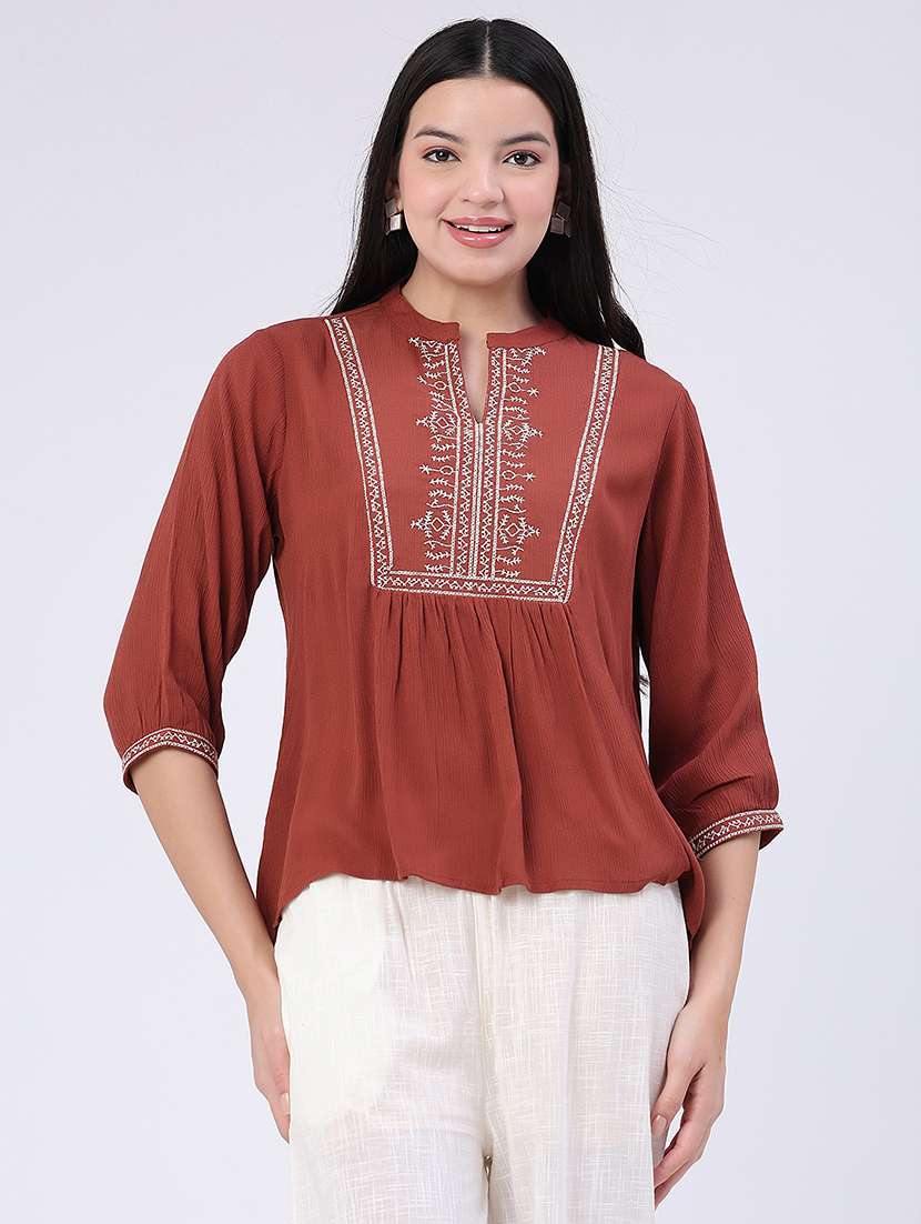 Women Embroidered Three Quarter Sleeves Regular Top - 22382181 -  Standard Image - 3