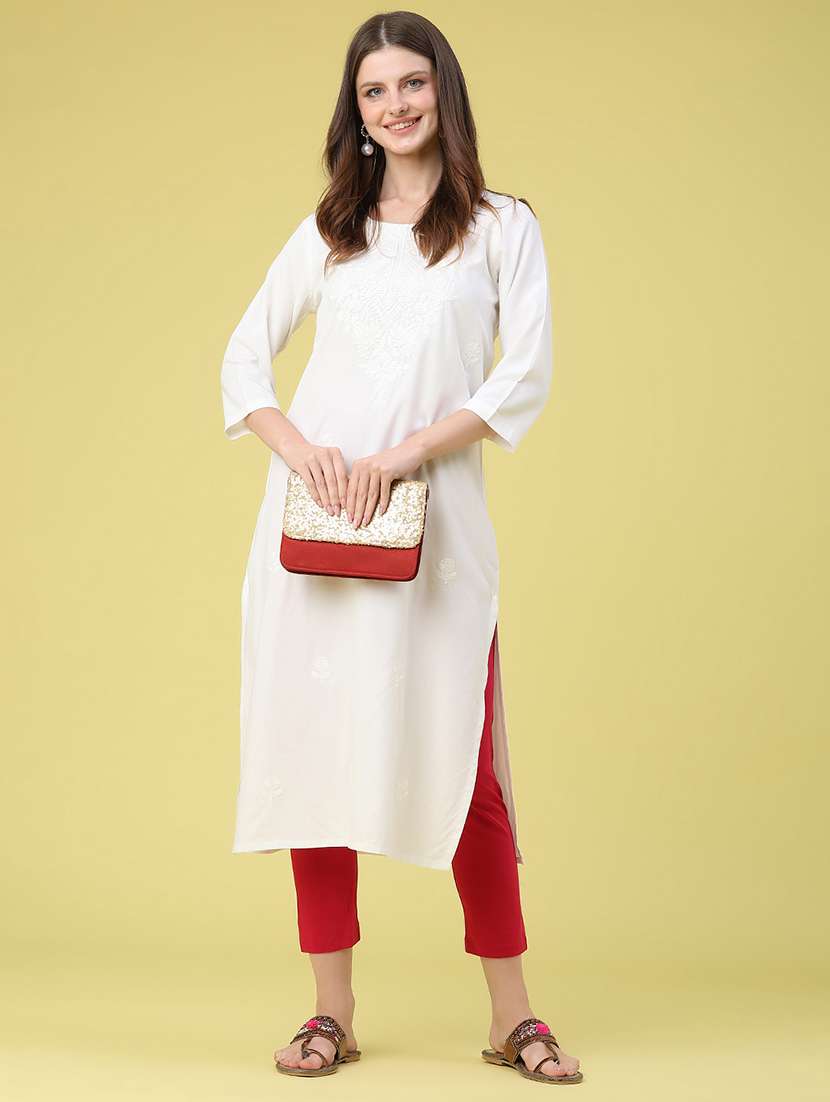 women embroidered three quarter sleeves straight kurta