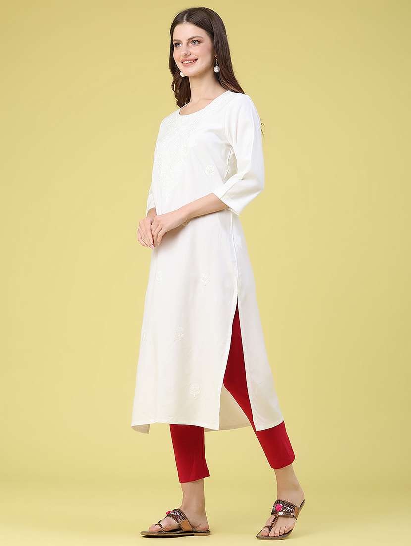 women embroidered three quarter sleeves straight kurta - 22382196 -  Standard Image - 3