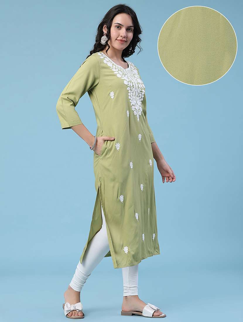 women embroidered three quarter sleeves straight kurta - 22382197 -  Standard Image - 3