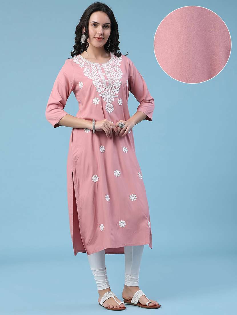 women embroidered three quarter sleeves straight kurta - 22382198 -  Standard Image - 3