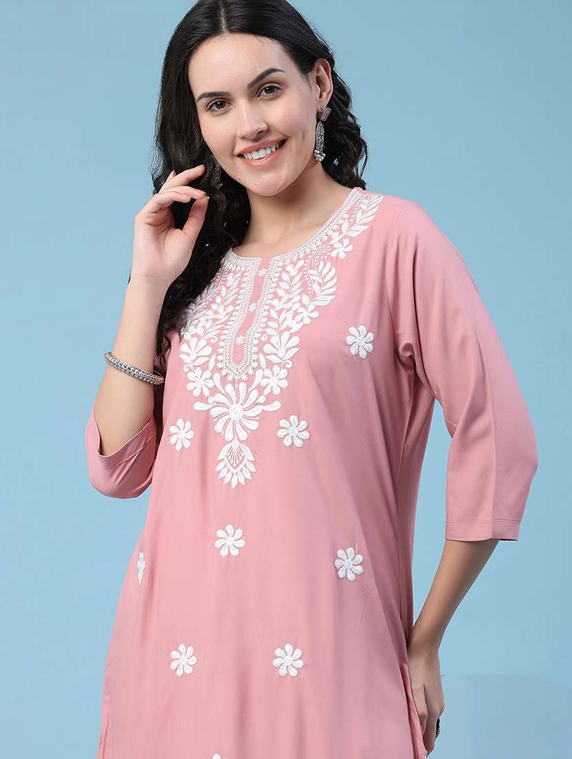 women embroidered three quarter sleeves straight kurta - 22382198 -  Standard Image - 5