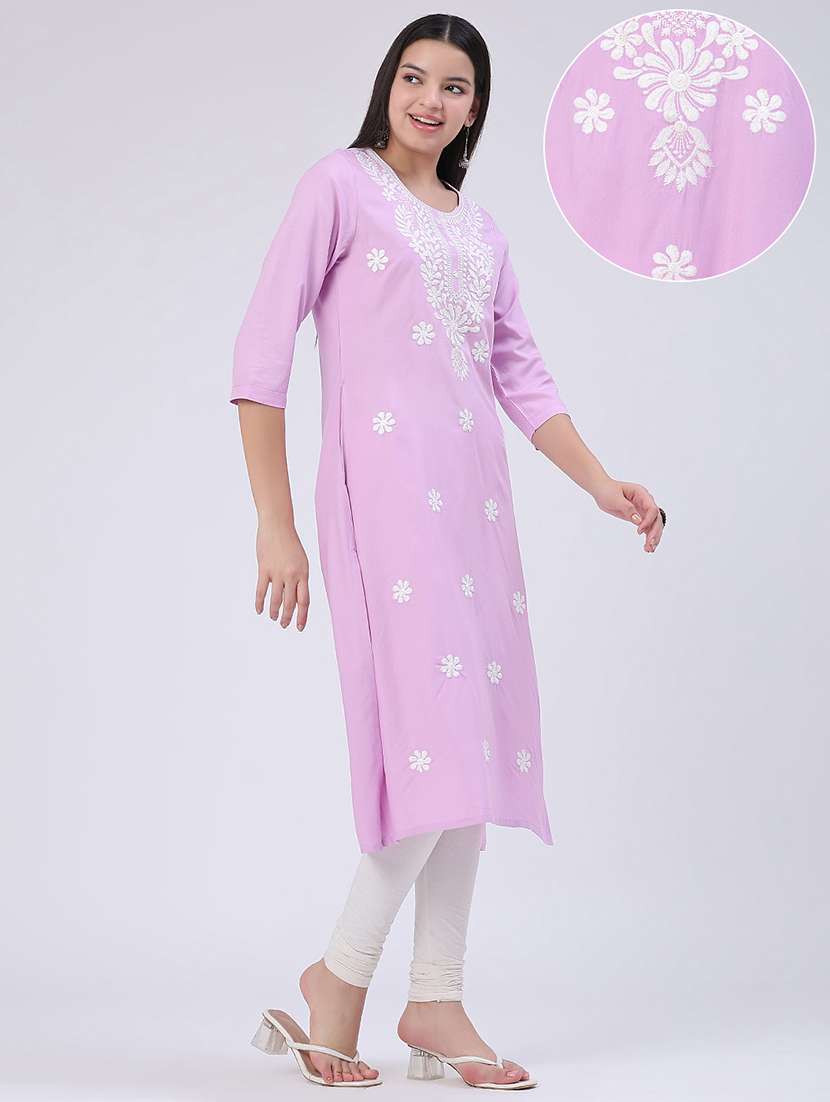 women embroidered three quarter sleeves straight kurta - 22382199 -  Standard Image - 3