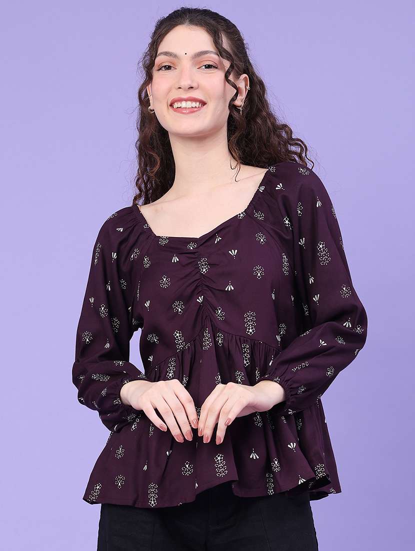 printed v neck long sleeve peplum top
