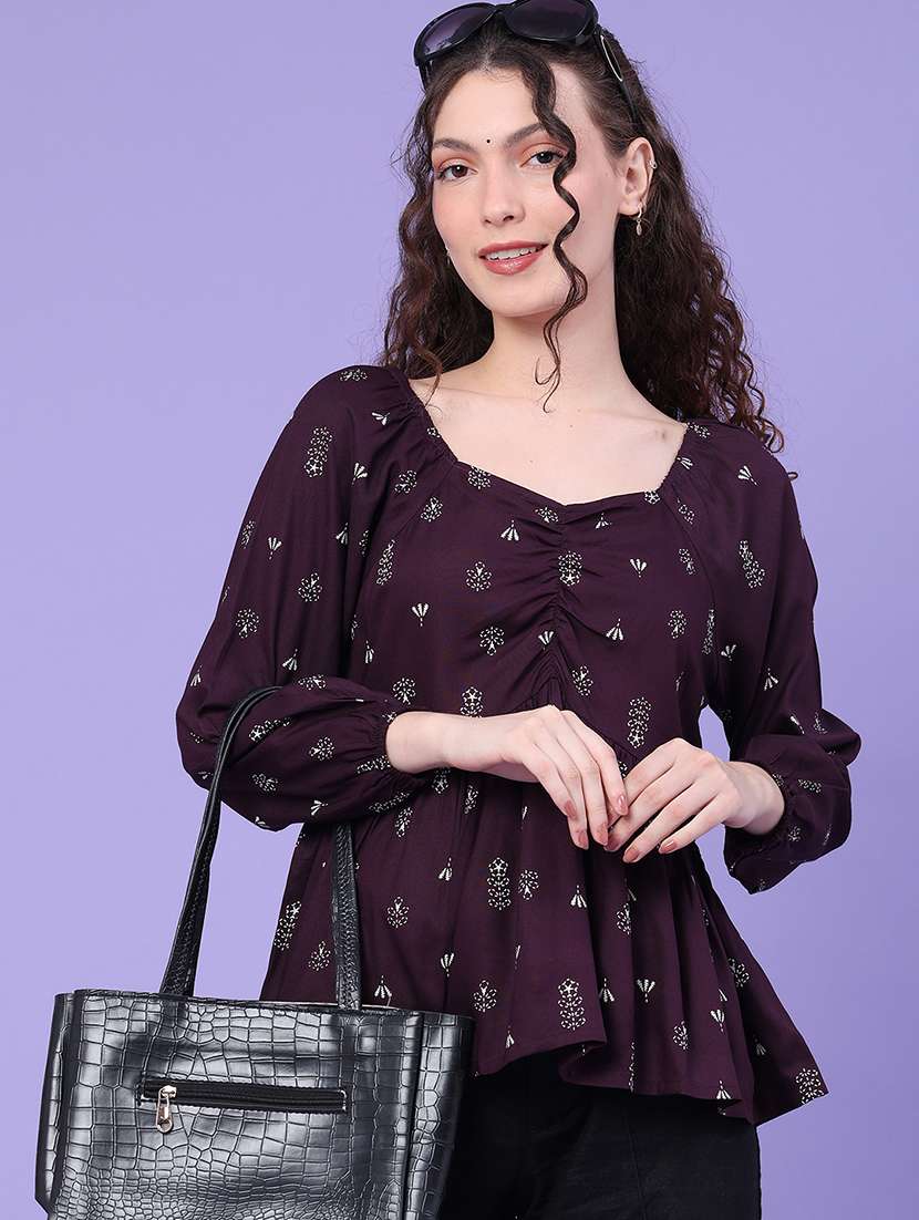 printed v neck long sleeve peplum top - 22382269 -  Standard Image - 5