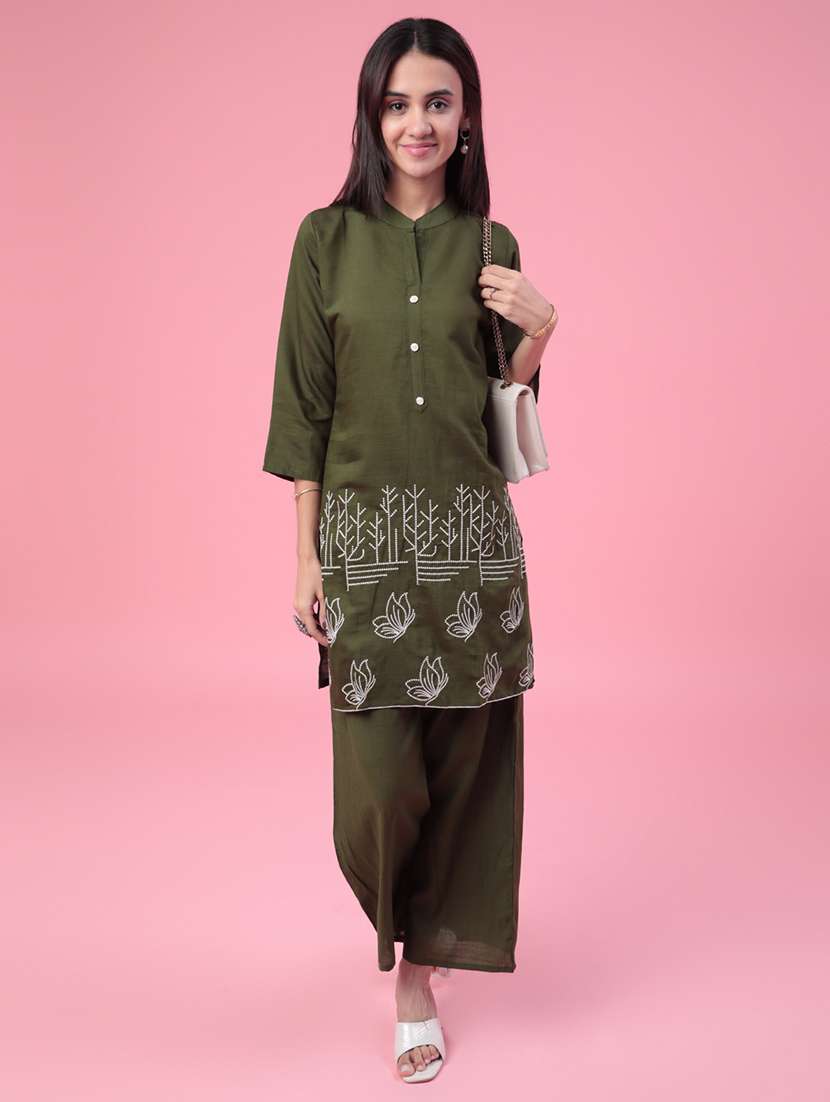 women solid with work three quarter sleeve ethnic co-ord set
