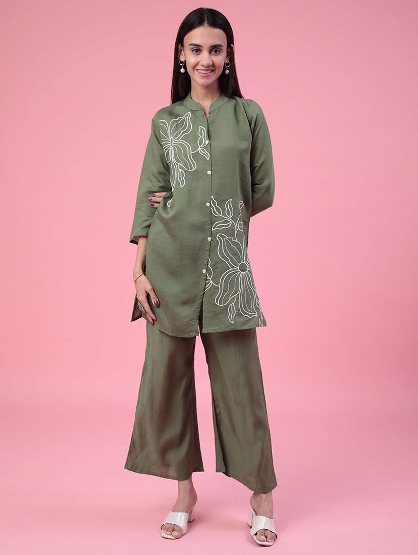 women solid with work three quarter sleeve ethnic co-ord set - 22382301 -  Standard Image - 3