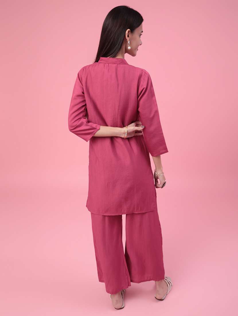Women Solid With Work Three Quarter Sleeve Ethnic Co-ord Set - 22382305 -  Standard Image - 3