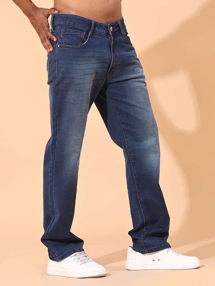 men washed mid rise full length straight jeans