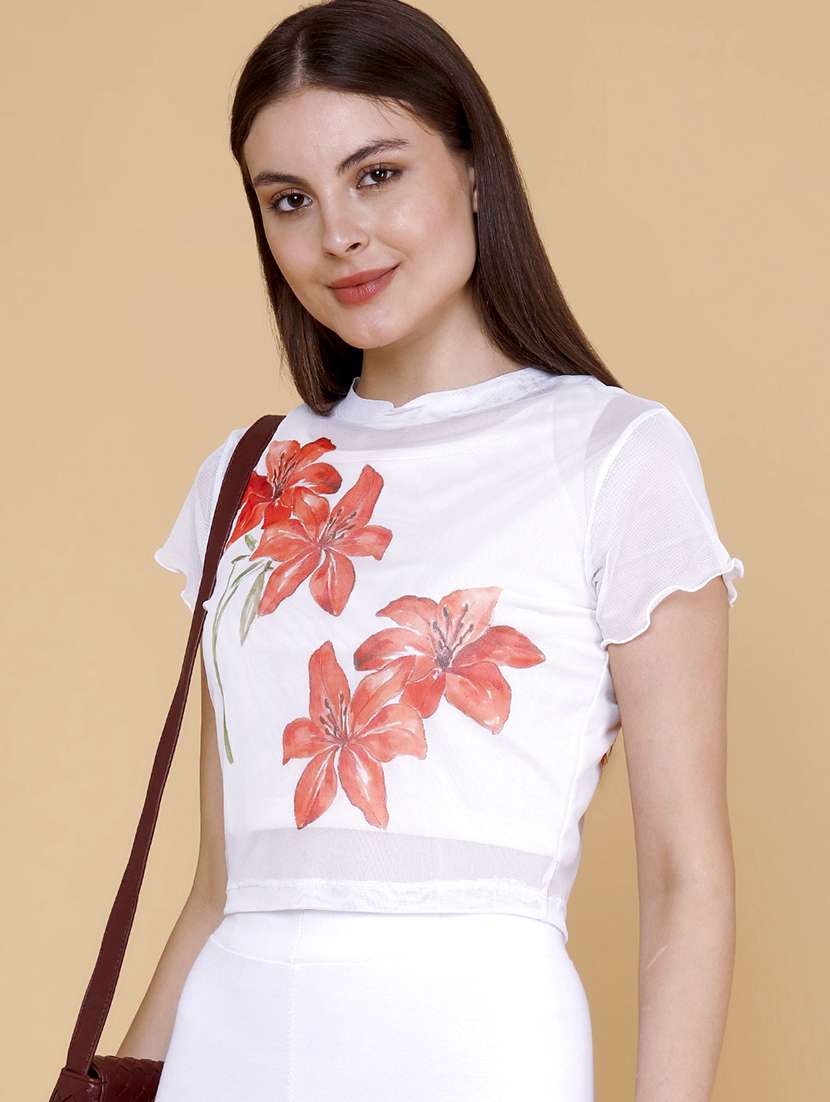 women floral printed short sleeves crop top