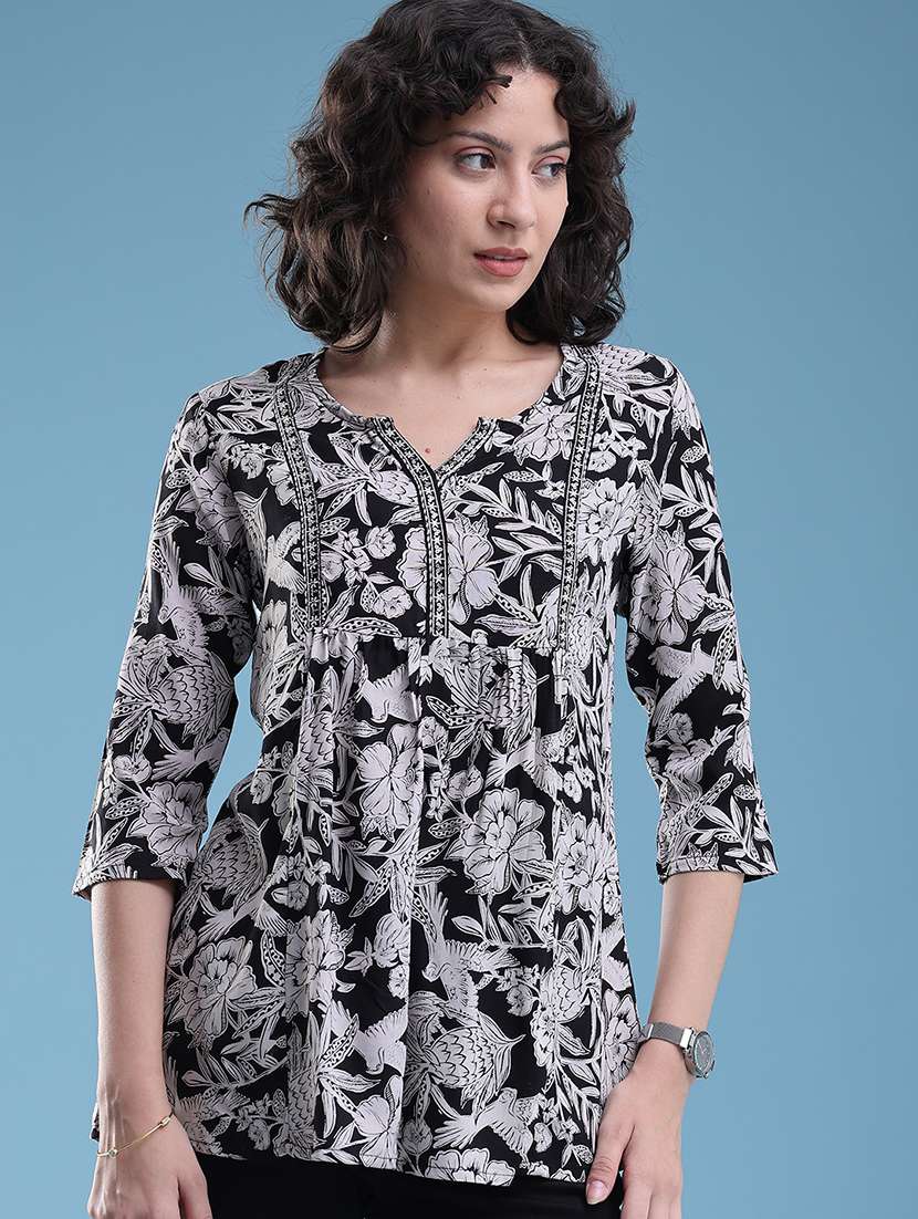 women printed notch neck a-line top