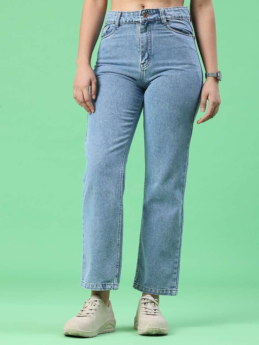 women solid mid rise straight fit jeans