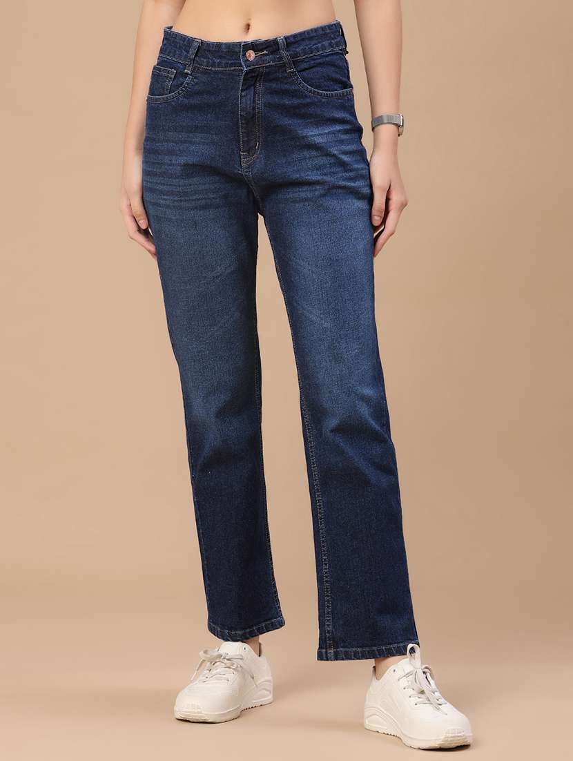 women washed mid rise straight fit jeans
