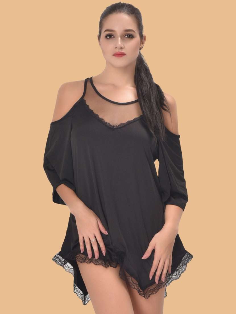women self designed cold shoulder lace babydoll