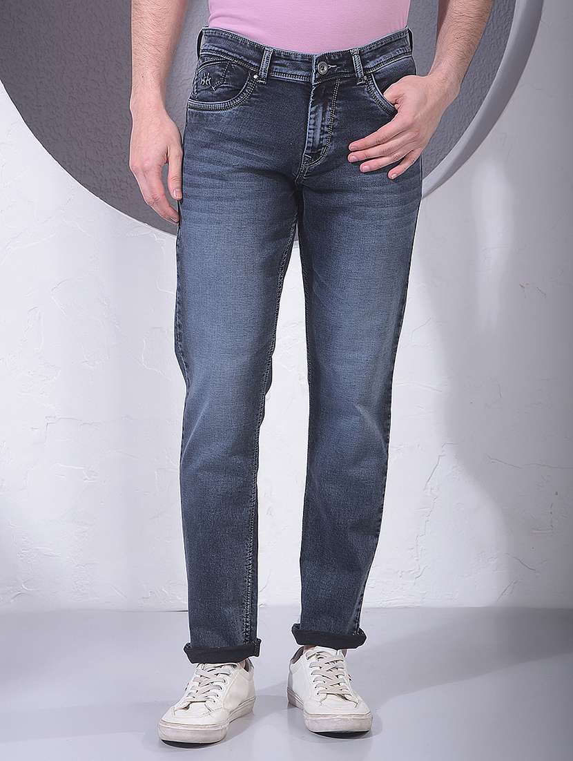 men washed mid rise full length jeans