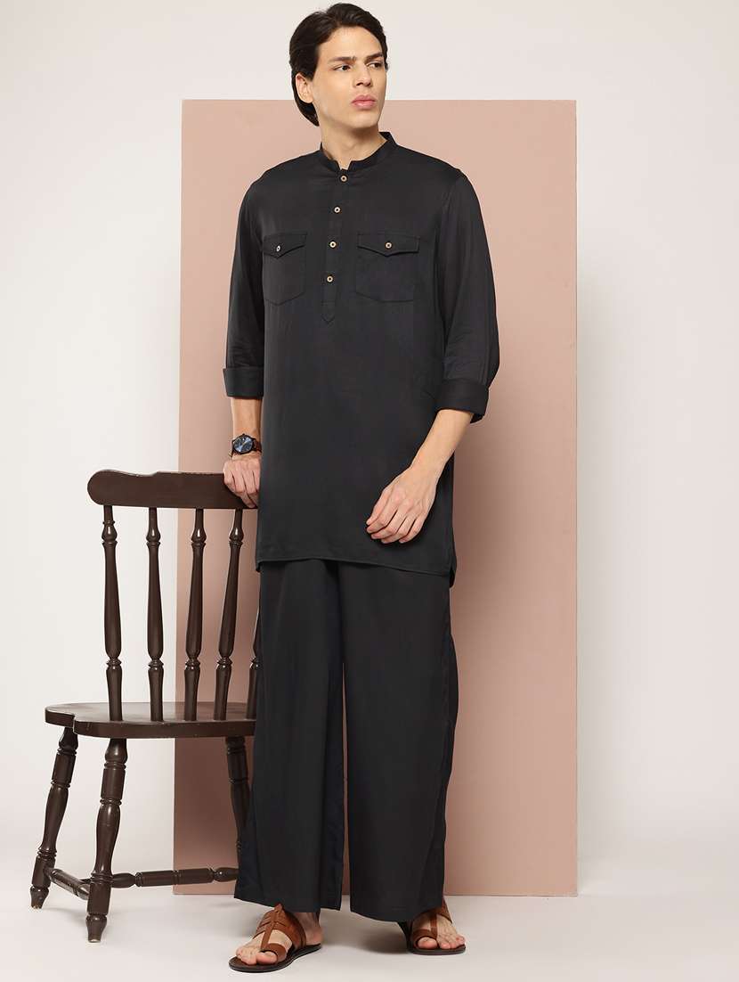 men solid long sleeve pathani ethnic wear set