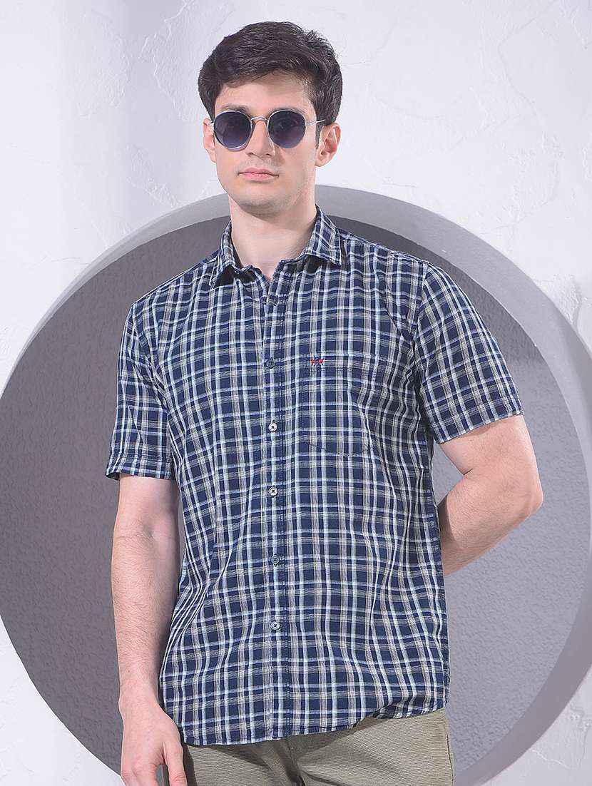 men checkered short sleeve slim fit casual shirt