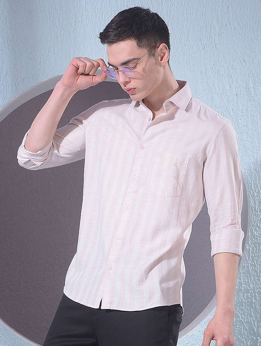 men striped long sleeve slim fit casual shirt