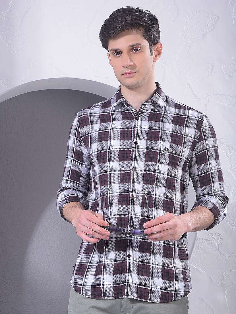 men checkered long sleeve slim fit casual shirt