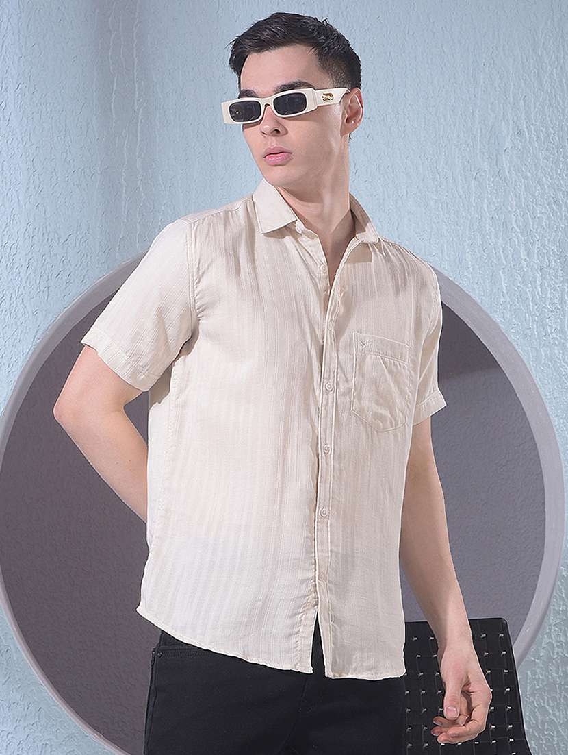 men striped short sleeve slim fit casual shirt