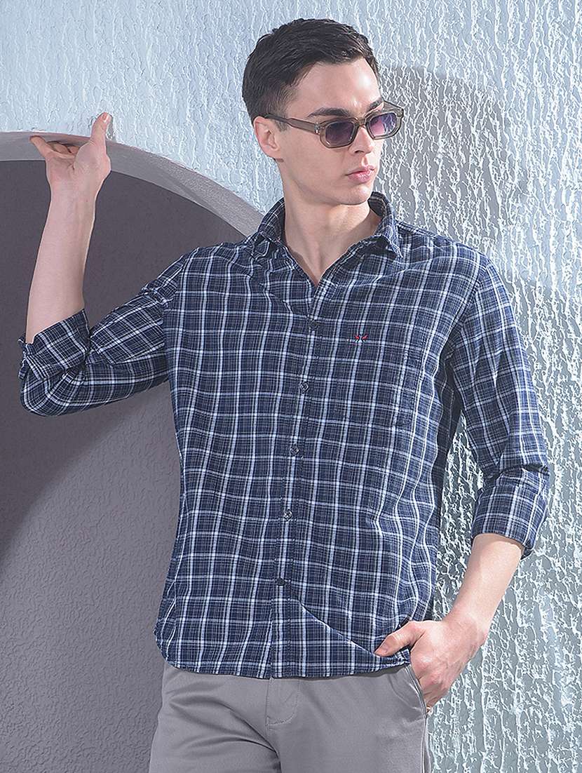 men checkered long sleeve slim fit casual shirt