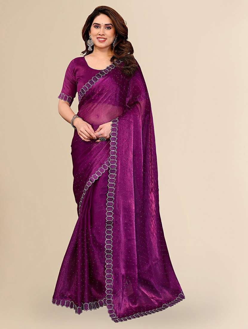 women solid with work embellished saree with blouse