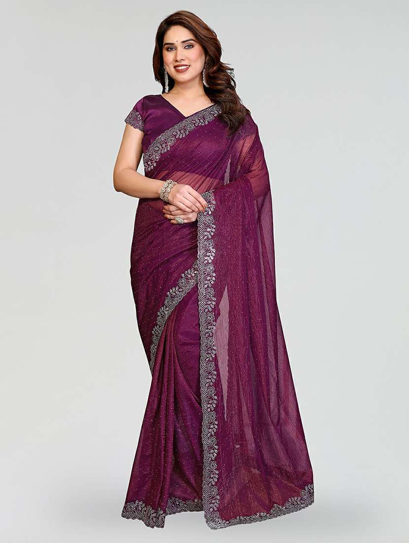 women solid with work embellished saree with blouse