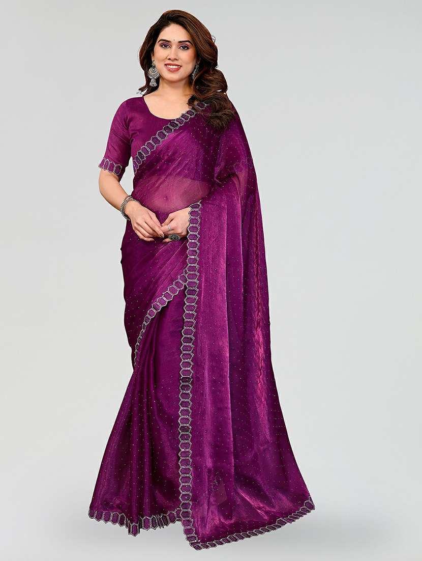 women solid with work embellished saree with blouse