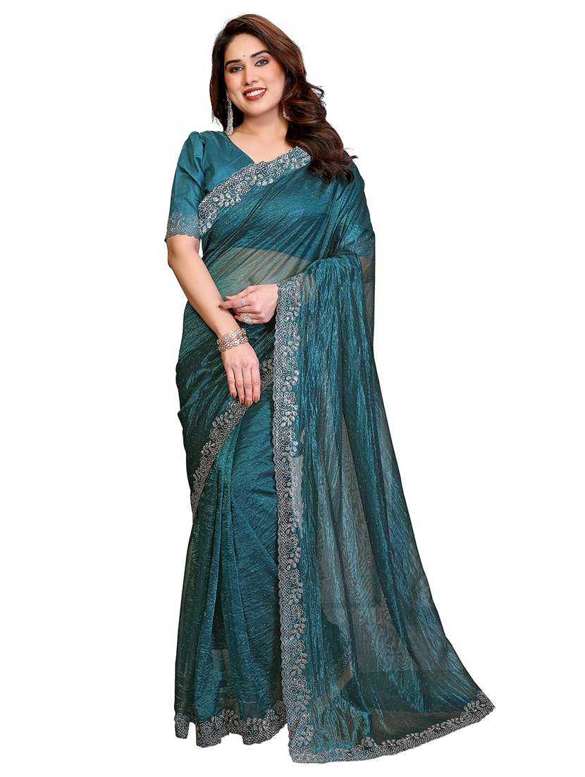 women solid with work embellished saree with blouse
