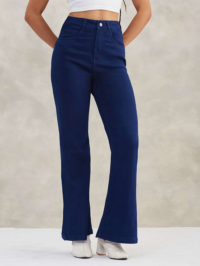 women solid high rise bootcut jeans