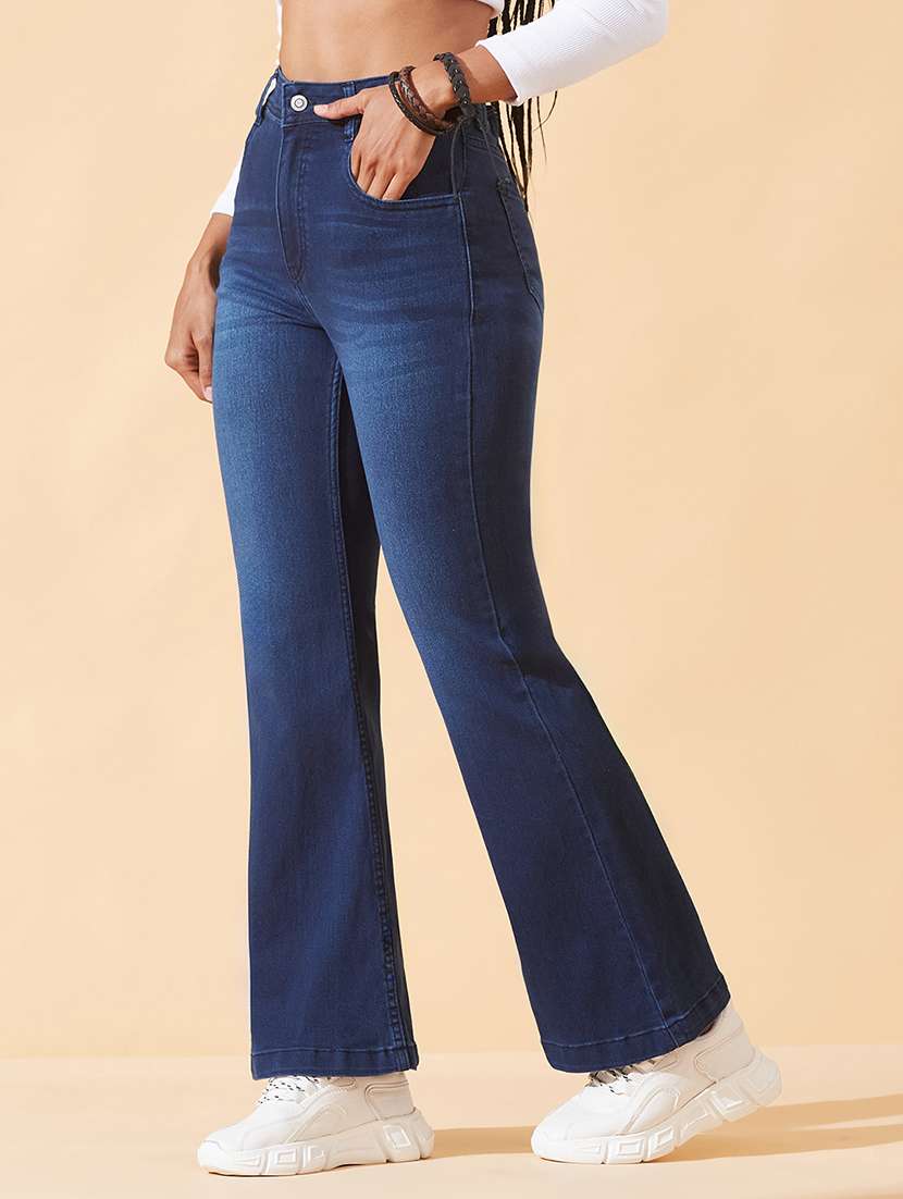 women solid high rise bootcut jeans