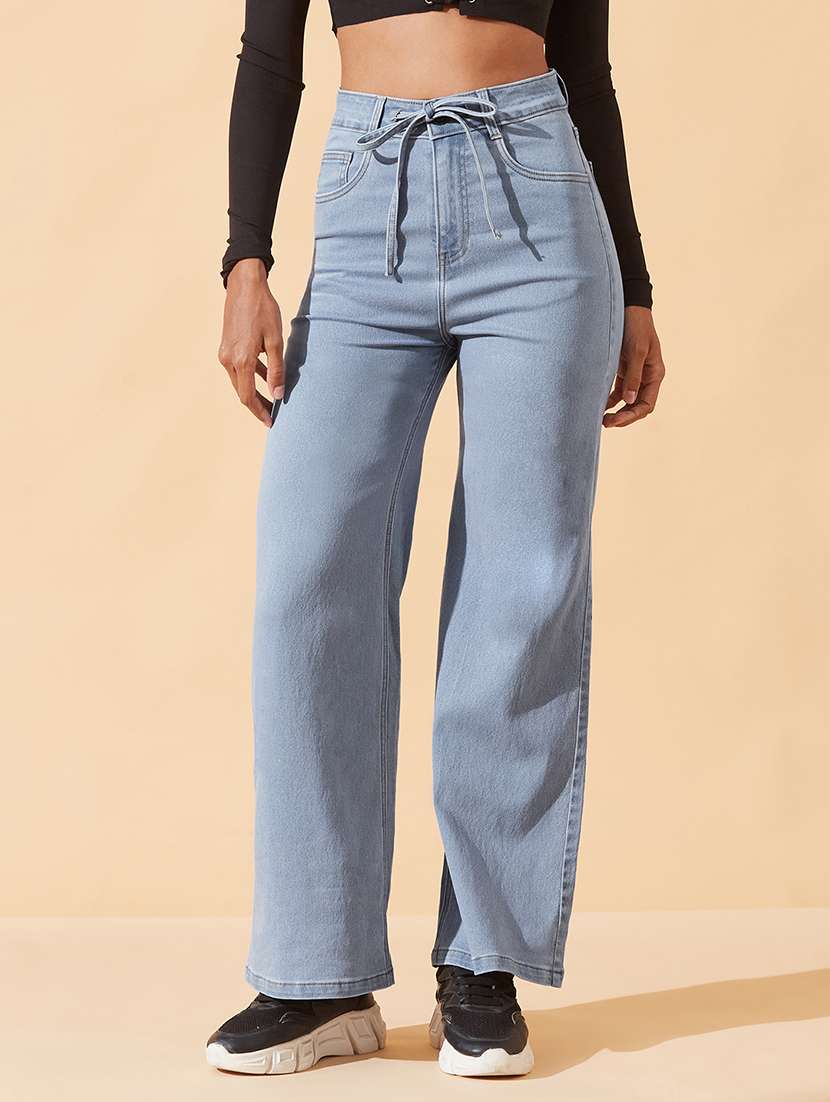 women solid high rise straight jeans