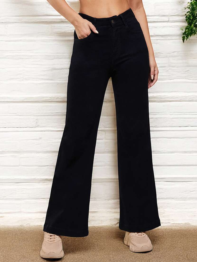 women solid high rise bootcut jeans